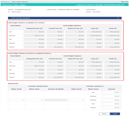 Electronic Cash Ledger page is displayed