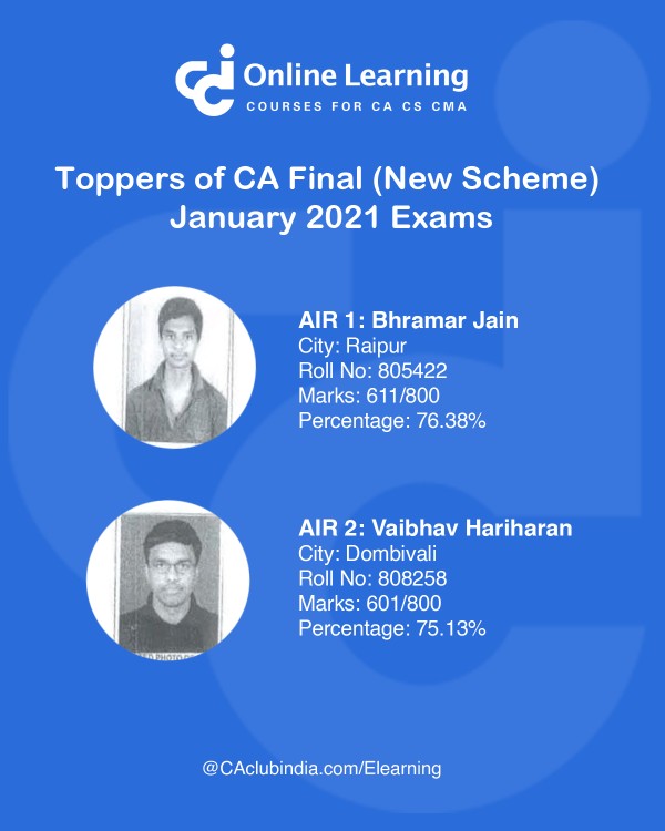Toppers of CA Final (New Scheme) Examination held in January 2021 Exams Toppers of CA Final (New Scheme) Examination held in January 2021 Exams