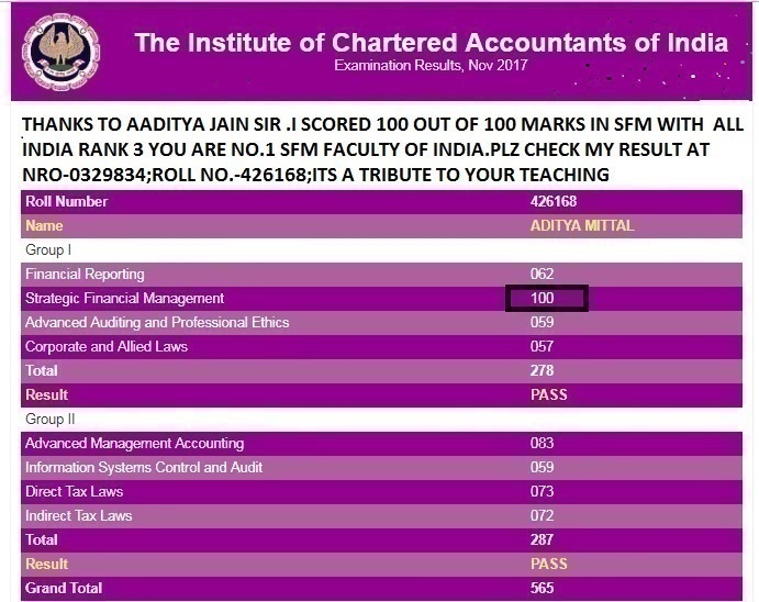 CA Final SFM Highest 100 out of 100 Marks in SFM by Aditya Mittal Interview  By Aaditya Jain Sir 