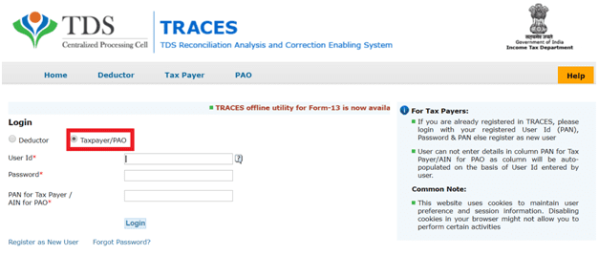 Login as a taxpayer on the TRACES Portal