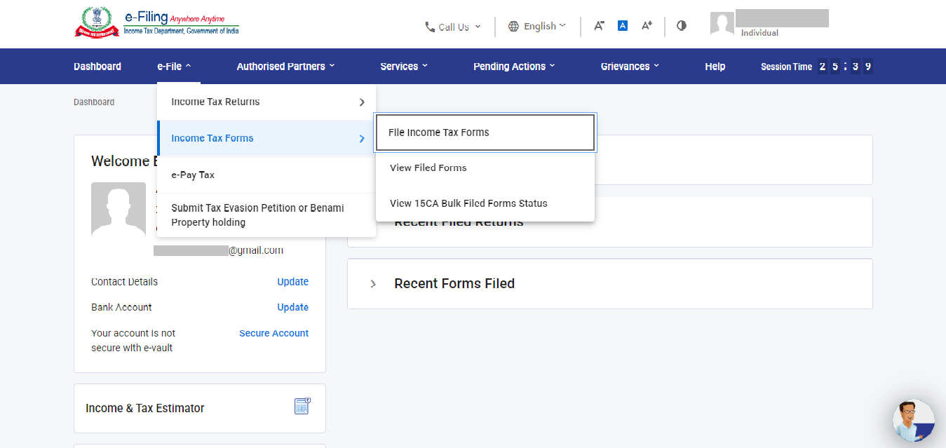 On the dashboard, click on 'e-File,' then 'Income Tax Forms,' and select 'File Income Tax Forms.'