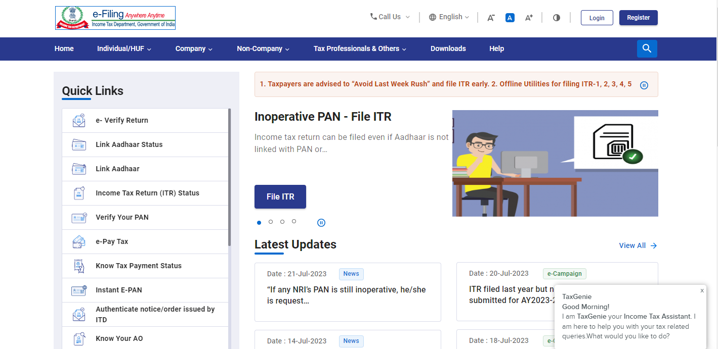 Screenshot of the website incometaxindiaefiling.gov.in