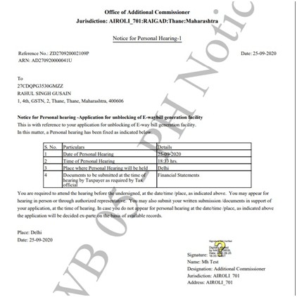 Personal hearing notice is displayed in PDF format