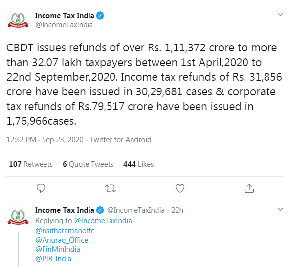 Refunds issued by CBDT on account of Income Tax and Corporate Tax during the month of Sept. 2020