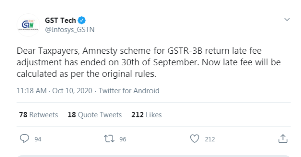 Amnesty Scheme for GSTR 3B late fee ended on 30.09.20