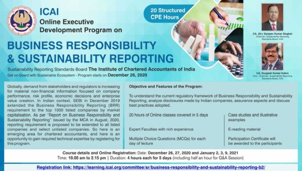 ICAI opens registration for Online Executive Development Program on Business Responsibility and Sustainability Reporting (BRSR) from 26.12.2020