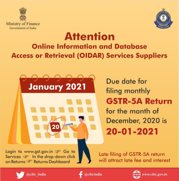 Due date for filing monthly GSTR-5A Return for the month of December, 2020 is January 20, 2021