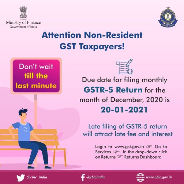 Due date for filing monthly GSTR-5 Return for the month of December, 2020 is January 20, 2021