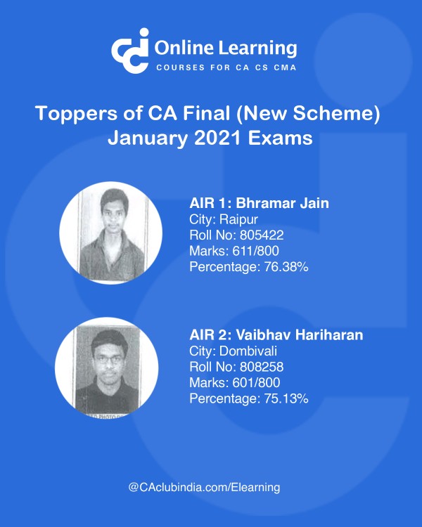 Toppers of CA Final (New Scheme) Examination held in January 2021 Exams