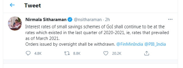 Interest rates of small savings schemes of GoI to be the same as 2020-21 (Q4)