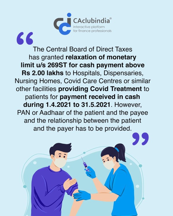 CBDT provides relaxation in cash payments of more than Rs. 2 lakhs for hospitals providing COVID treatment