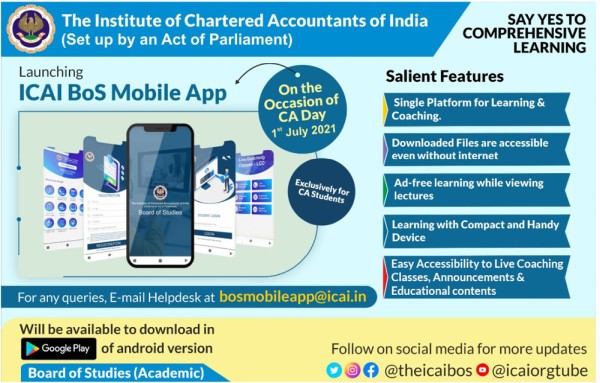 ICAI announces mobile application ICAI BOS on the occasion of CA Day for CA Students