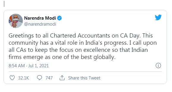 PM greets Chartered Accountants on CA Day