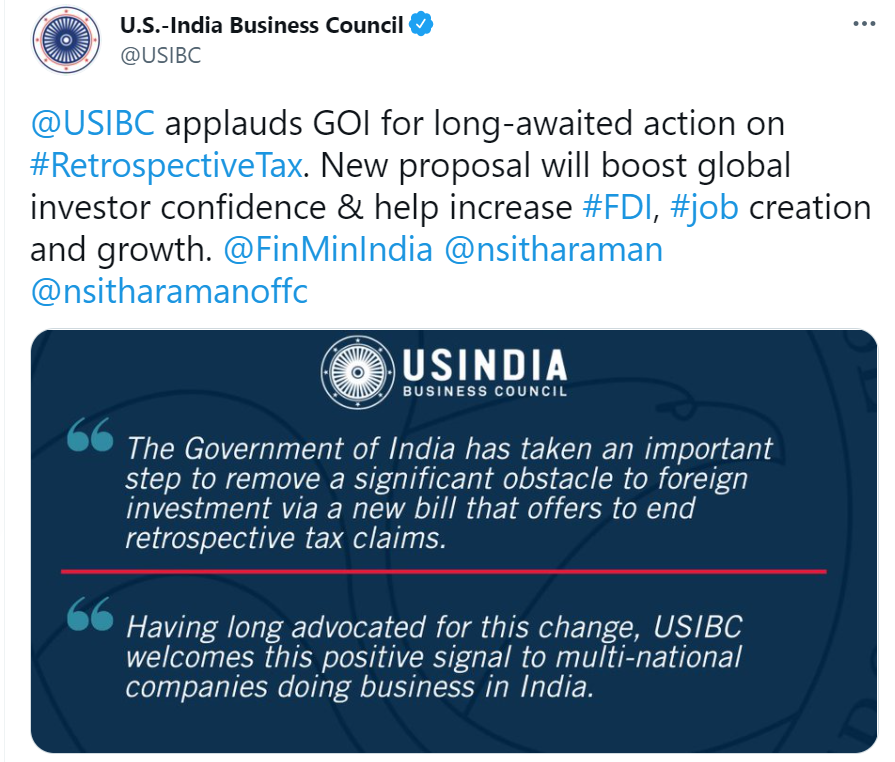 The U.S.-India Business Council has also applauded the Indian Government for taking such a measure
