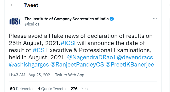 CS Results to not be out on 25th August 2021, clarifies ICSI