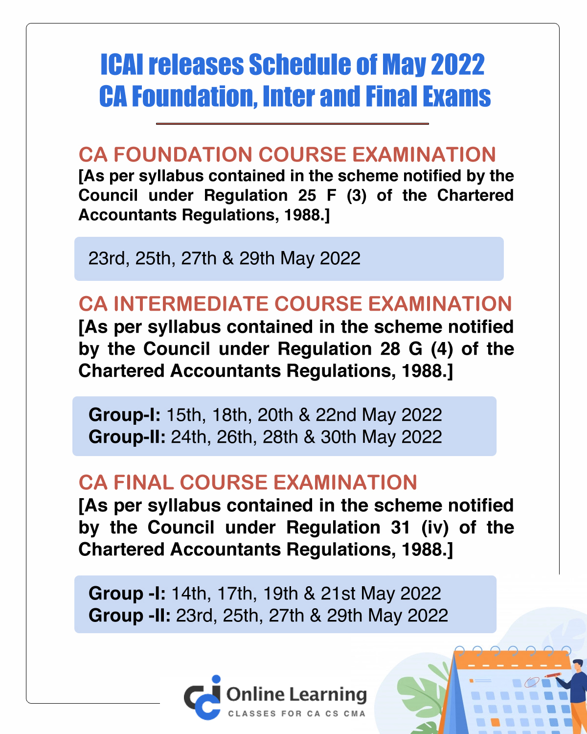 ICAI releases Schedule of May 2022 CA Foundation, Inter and Final Exams