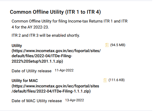 CBDT enabled common offline utility for filing ITR-1 and ITR-4 for the AY 2022-23