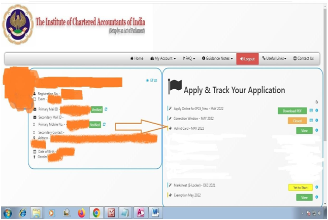 Click on link in front of Admit Card