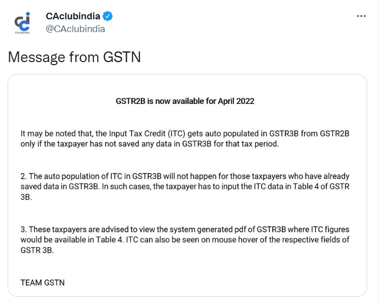 GSTR-2B available for April 2022 is now open for users