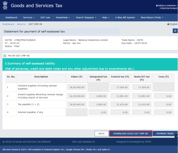 Download the filed GST CMP-08 by clicking on DOWNLOAD FILED GST CMP-08