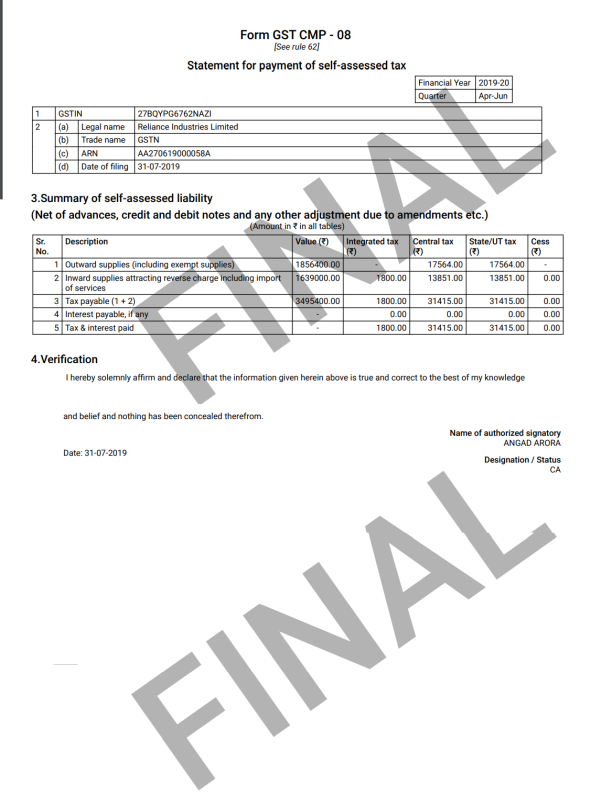 Downloaded filed GST CMP-08 is displayed here