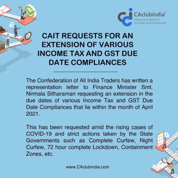 Extension of various Income Tax and GST Due Date Compliances requested by CAIT