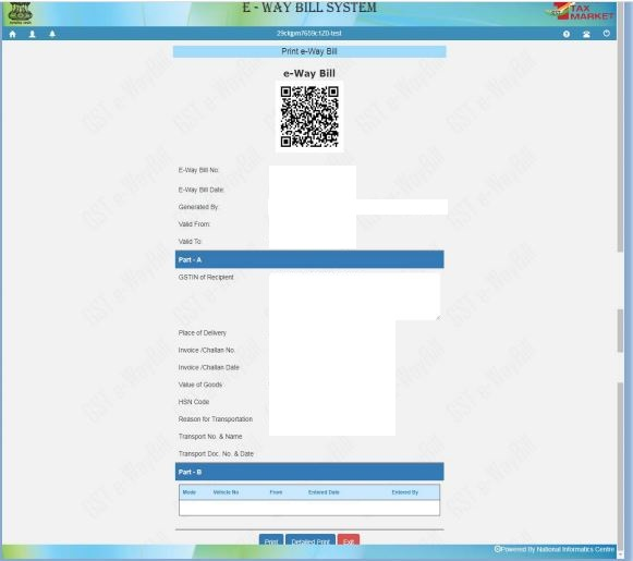 How the e-Way Bill looks like when generated online