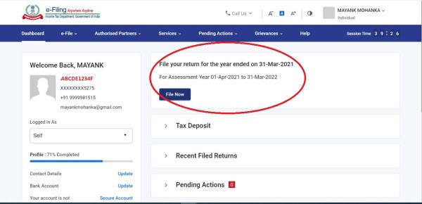Inactive e-Filing Tab for Filing ITRs for AY 2021-22