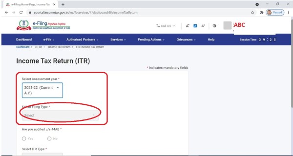 Tab for filing ITR for the current AY 2021-22 is inactive and as such return filing for the AY 2021-22 is not possible presently