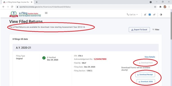 Non-Availability of Previous Years ITR Forms, ITR Acknowledgements and All Other Online Forms