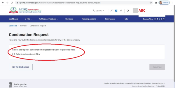 Condonation Request only for ITR V