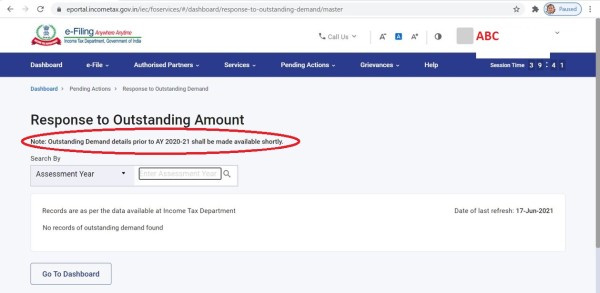 Non Availability of Outstanding Demand Details prior to AY 2020-21