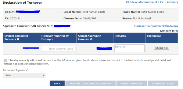 Declaration of Turnover