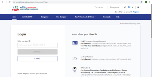  Login to the Income tax e-filing portal