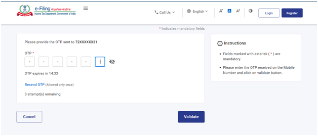 Enter the OTP received on the mobile number and validate