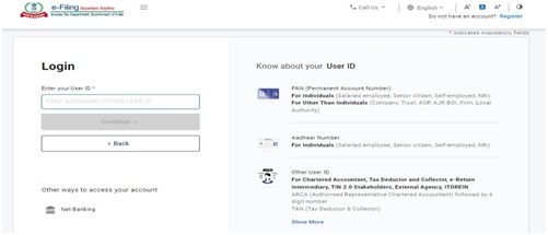 Login to e-Filing portal using TAN as User ID