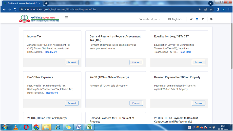 Select the tile relevant for your tax payment and click on proceed