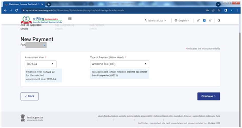 Income Tax, and select relevant Assessment year and type of payment and click continue