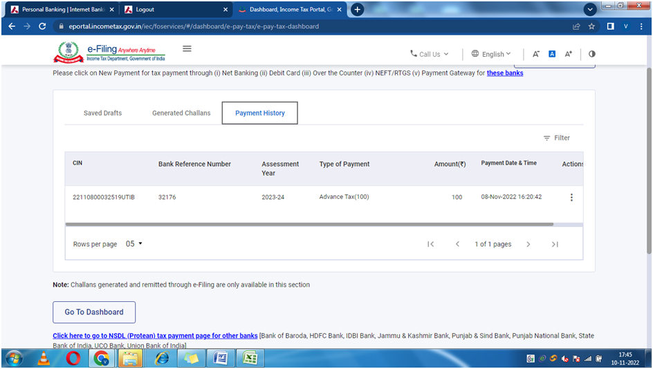 Challan is available for download or print under Payment History