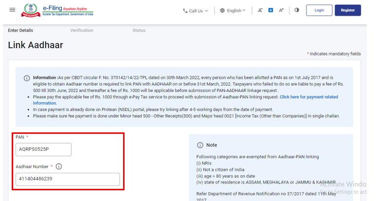 Enter your PAN and Aadhaar details in the respective fields