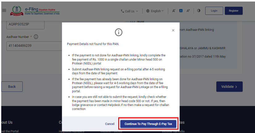 Select the option to Continue To Pay Through E-Pay Tax