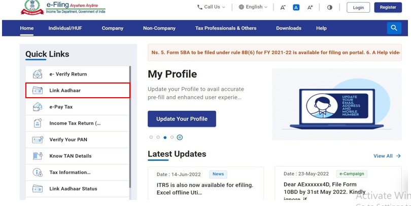 Submit the Aadhaar PAN link request on e-Filling Portal immediately if payment is made through e-Pay Tax service