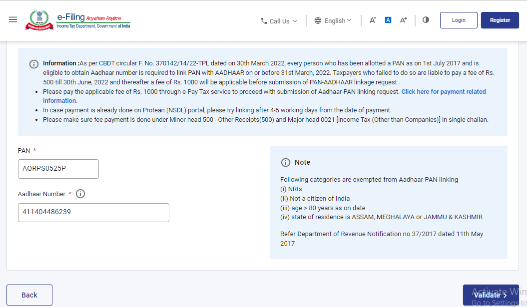 Enter PAN and Aadhaar Number and then click on validate