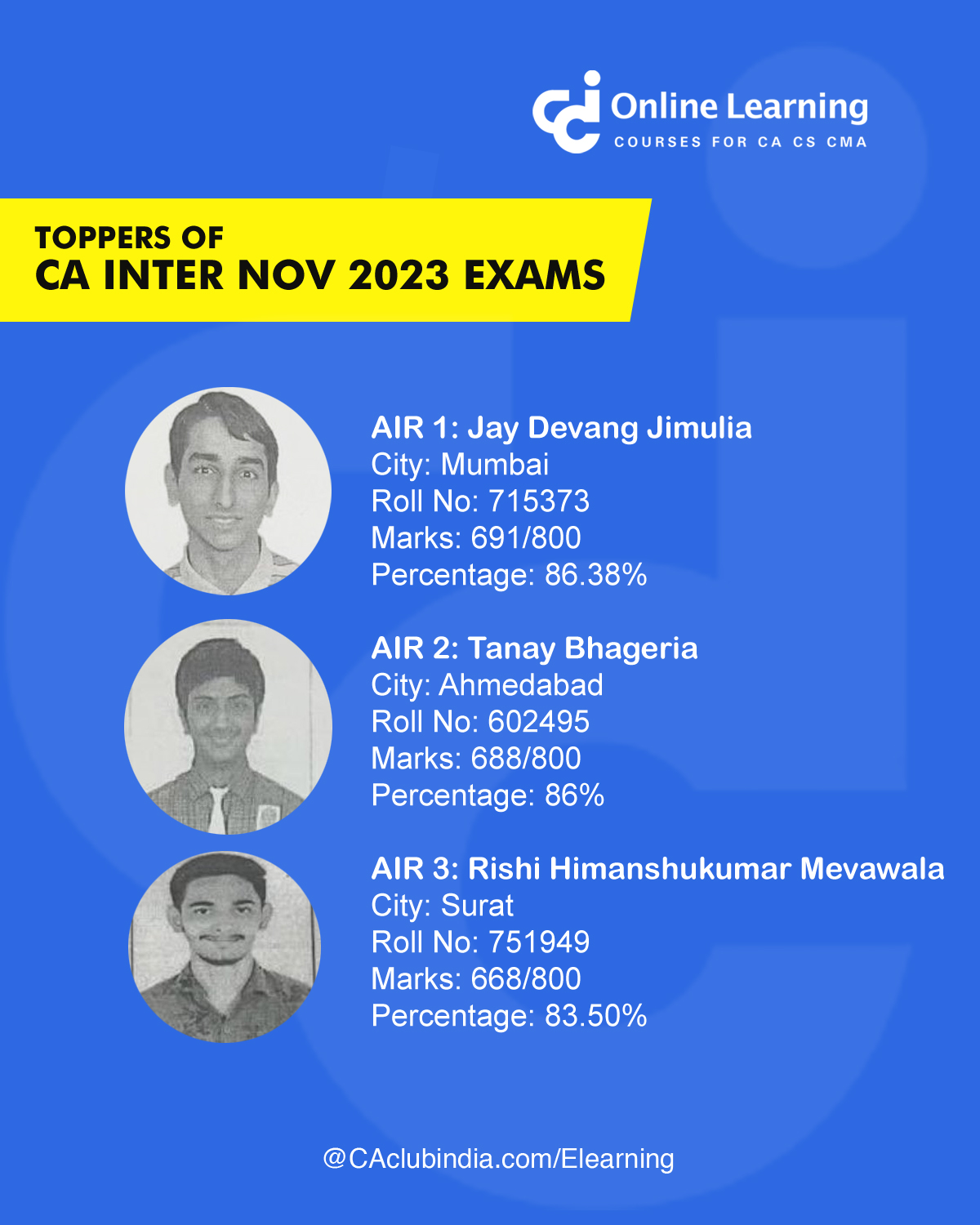 Toppers of CA Intermediate Examination held in Nov 2023