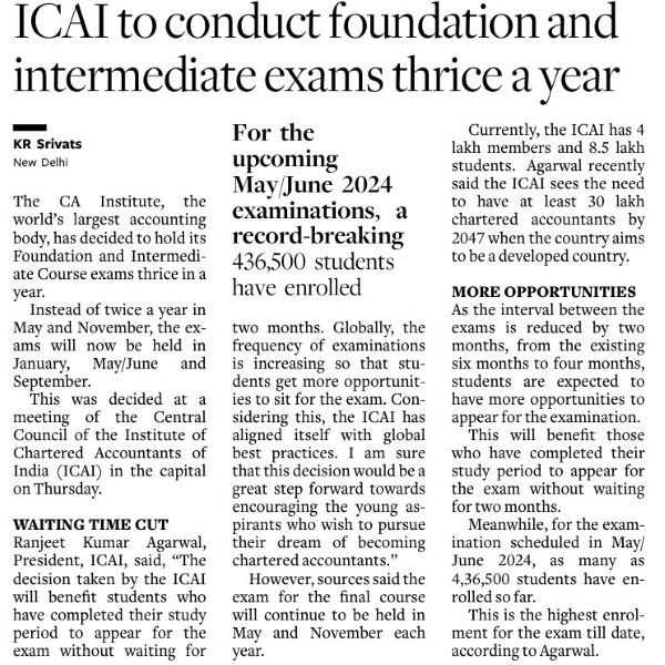 ICAI announces Major Changes in Examination System shaping the Future of Accountancy Profession