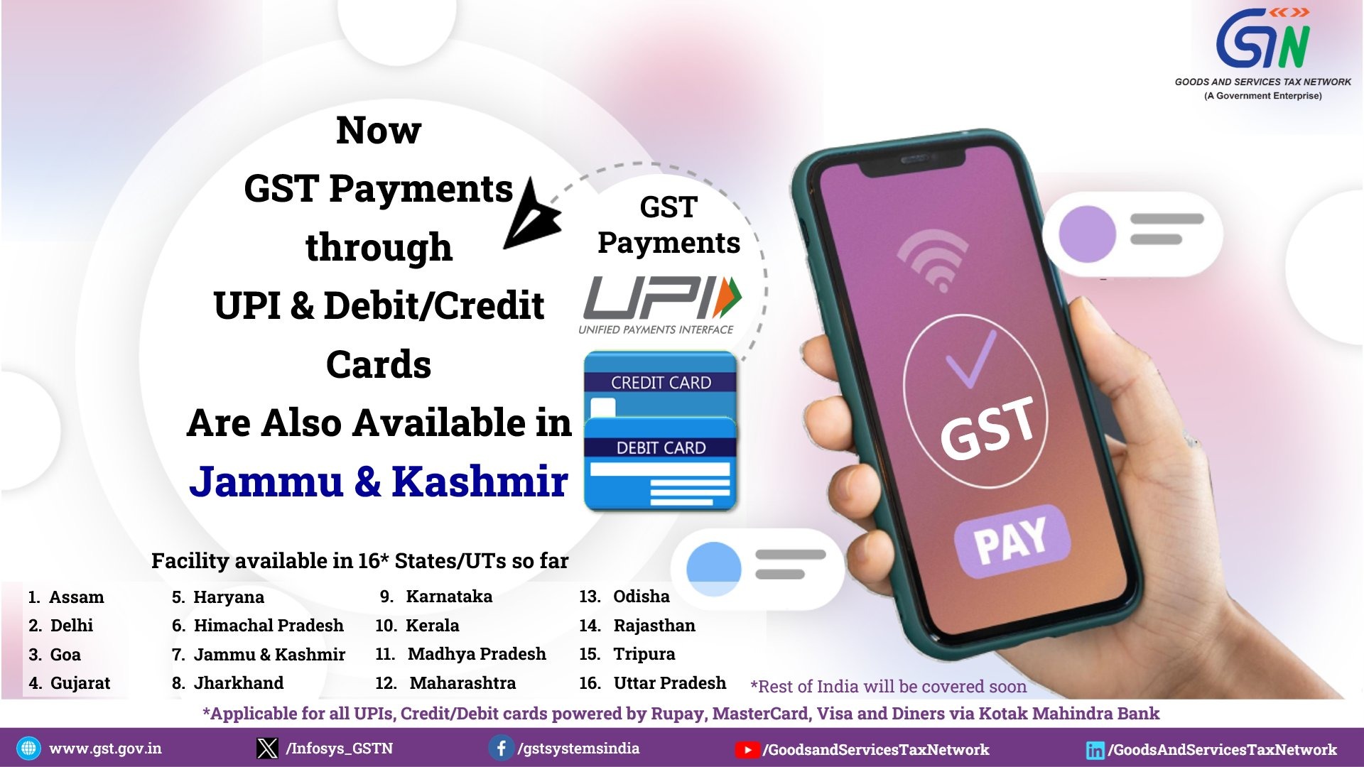 GSTN Expands Digital Payment Options to J&K, Now Covering 16 States/UTs