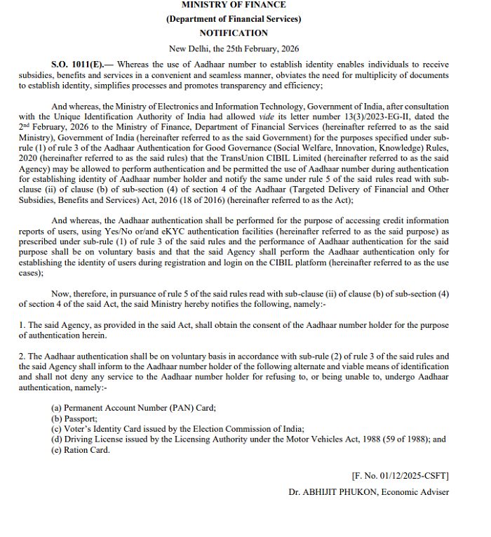 Finance Ministry Notifies Aadhaar Authentication for CIBIL Credit Report Access
