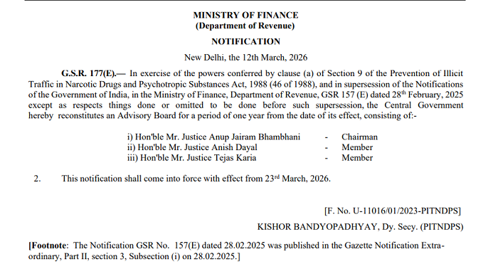 Finance Ministry Reconstitutes Advisory Board Under Narcotic Drugs Law for One Year