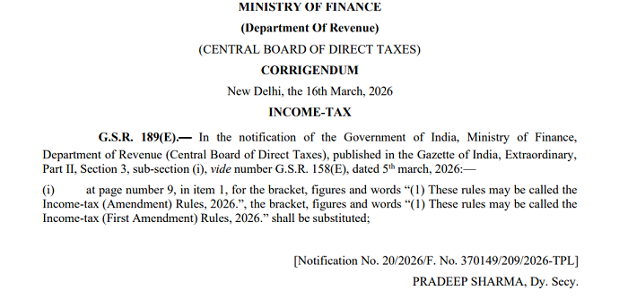 CBDT Corrects Income Tax Amendment Rules 2026 Name via Corrigendum