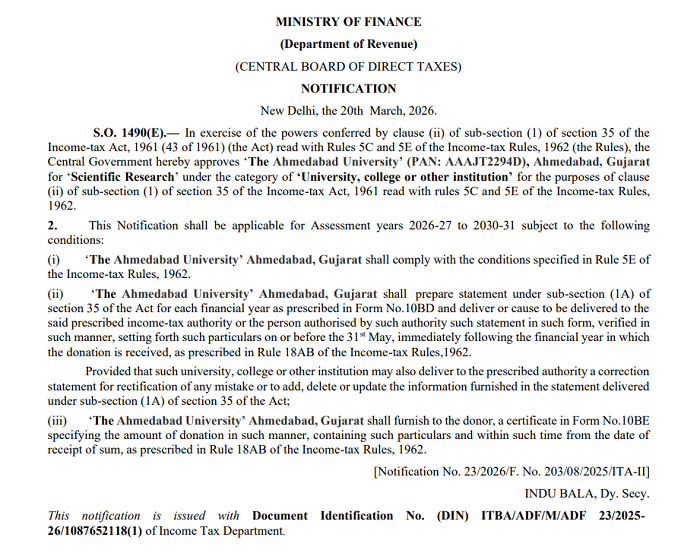 CBDT Approves Ahmedabad University for Scientific Research Under Section 35 of Income Tax Act
